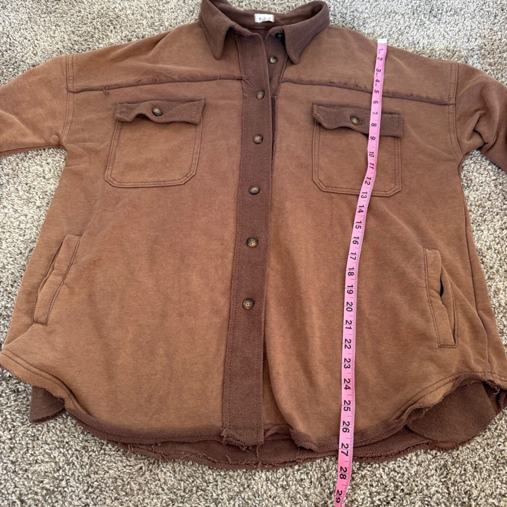 POL Brown Mineral Wash Oversized French Terry Button Down Shacket Medium Boho - Picture 6 of 6